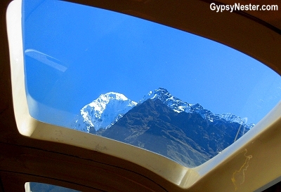 The mountain, Veronica, through the dome car window in Peru