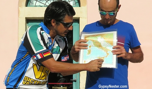 Our VBT guides, Marco and Eduardo, give us a history and geography lesson before we take off on our bikes in Sicily, Italy