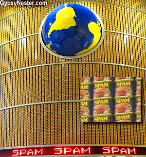 Three thousand Spam cans are stacked at the entrance of The Spam Museum