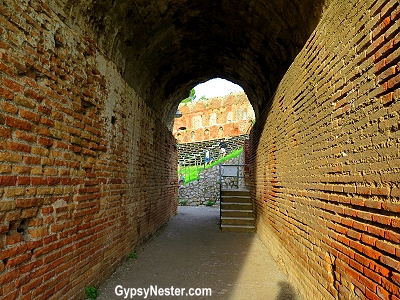 The entrance to the Ancient Greek Theatre in Taormina, Sicily, Italy