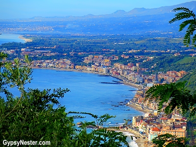 Looking down at the Ionian Sea from the town of Taormina in Sicily, Italy