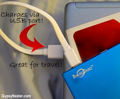 The TravelCard charges via USB port - great for travel!