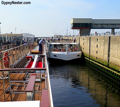 Viking River Cruises' Longship Skadi passes through a lock in Holland