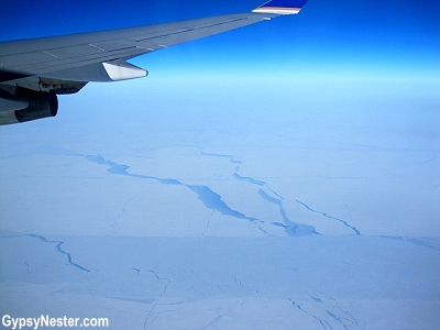 Ice floes in the Arctic Ocean seen from an airplane, United Flight from Chicago to Hong Kong