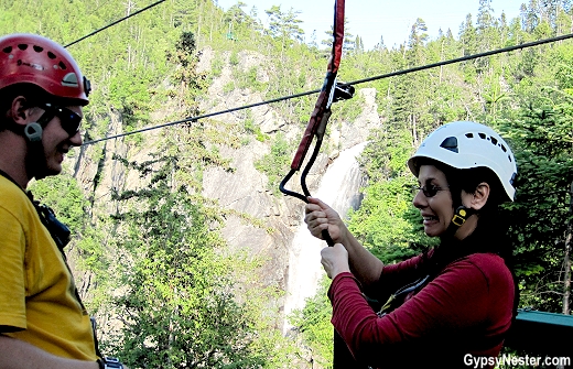 Veronica is trying to smile through the fear before zip line in Newfoundland