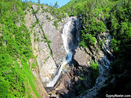Waterfall view while zip lining in Newfoundland with Marble Zip Tours