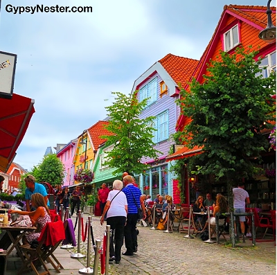 Øvre Holmegate, a narrow street lined with brightly colored buildings in Stavanger, Norway
