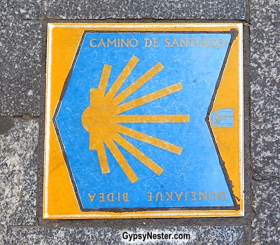 The Camino Santiago is marked with tiles to show the way in Bilbao, Spain