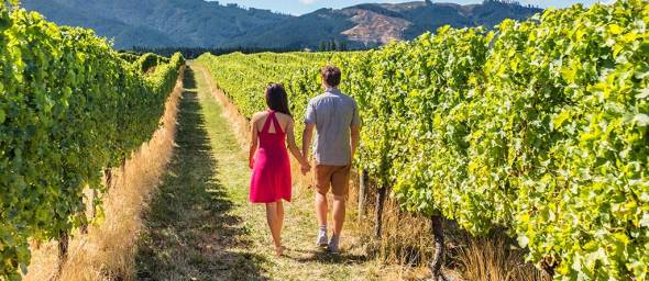 Couple walking through vineyards on a Hunter Valley wine tour